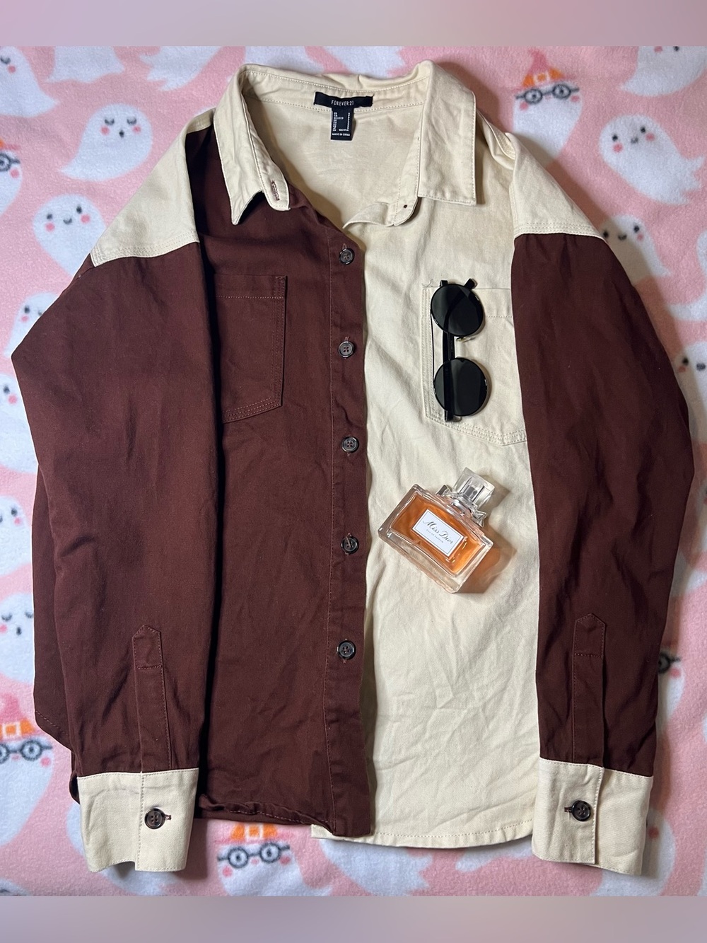 Forever 21 Two-Tone Brown and Cream Button-Down Shirt